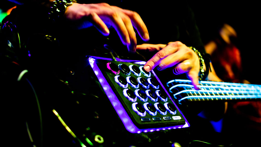 Biomechanimal fierce tricked-out synth guitar with glow lights